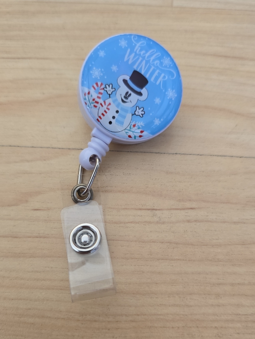 Hello Winter Mickey Mouse Snowman Retractable Badge For ID Name - Light Blue